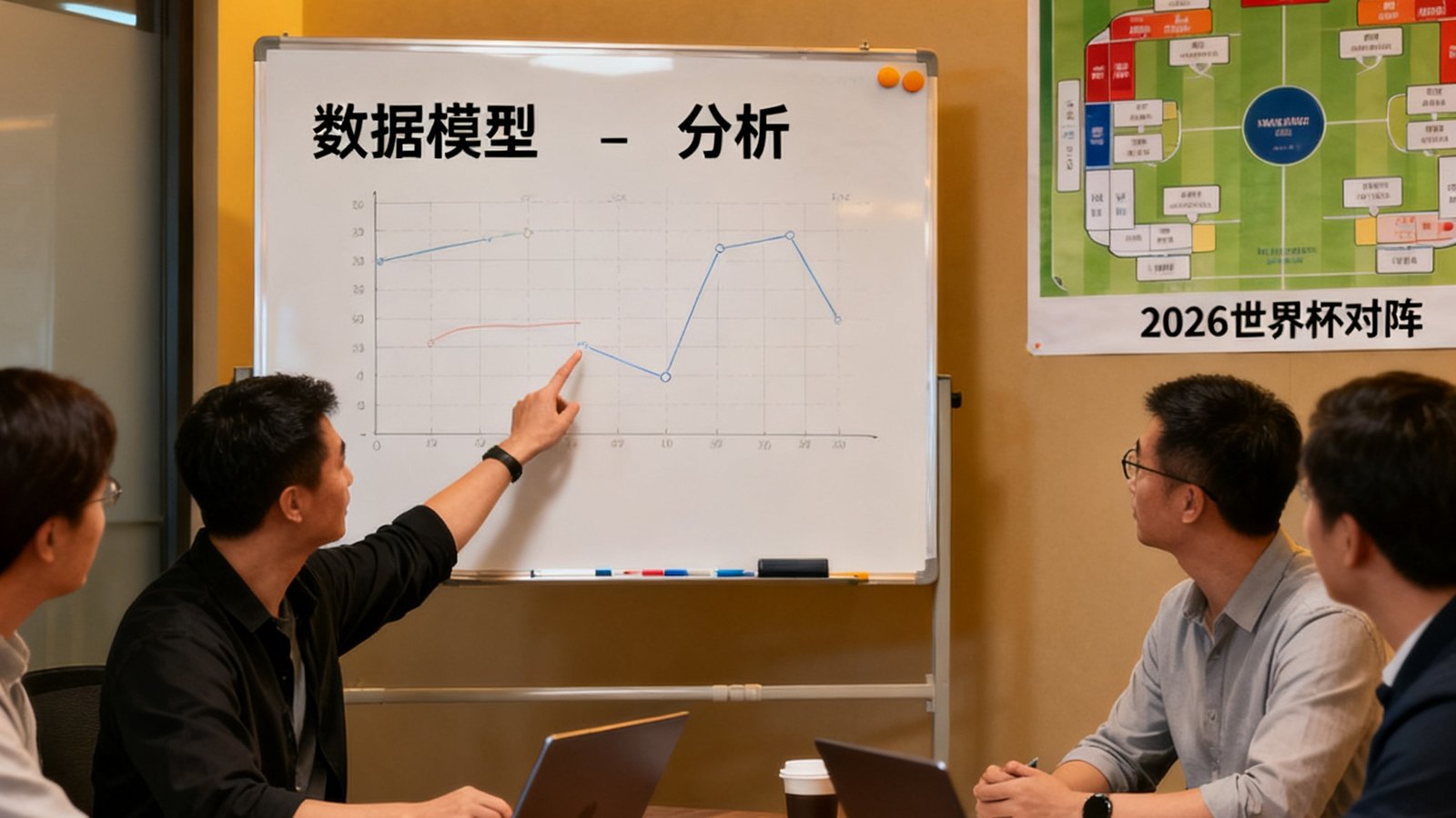 世界杯赛事预测网创始团队在会议室讨论数据模型和分析白板，墙上有世界杯对阵图