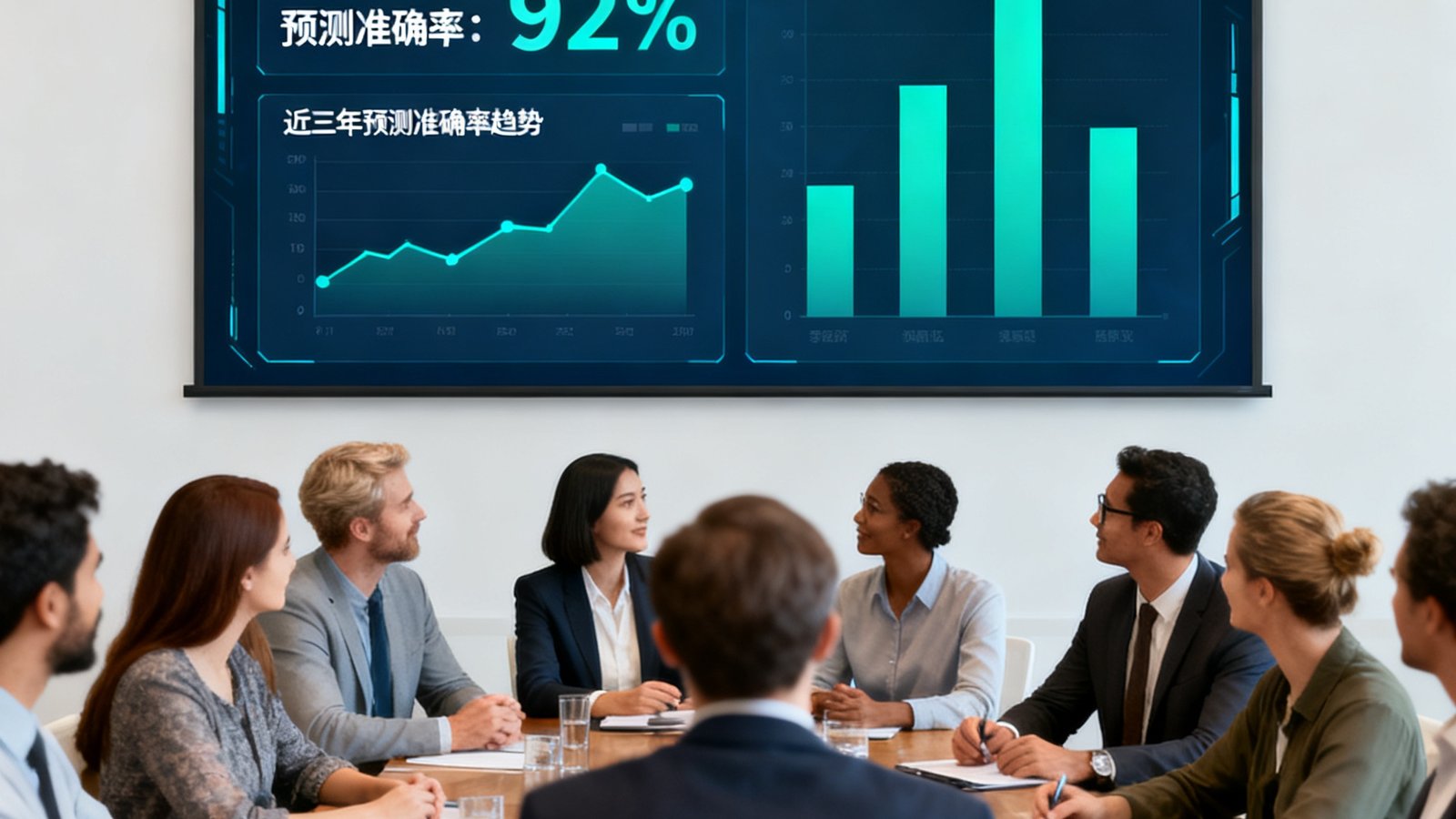 客户成功案例数据大屏显示预测准确率与团队会议场景