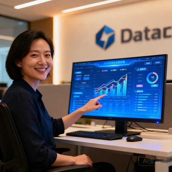 联合创始人林雪在电脑前展示大数据面板，笑容自信